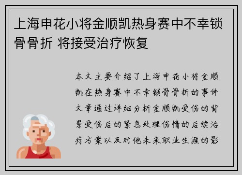 上海申花小将金顺凯热身赛中不幸锁骨骨折 将接受治疗恢复 上海申花小将金顺凯热身赛中不幸锁骨骨折 将接受治疗恢复